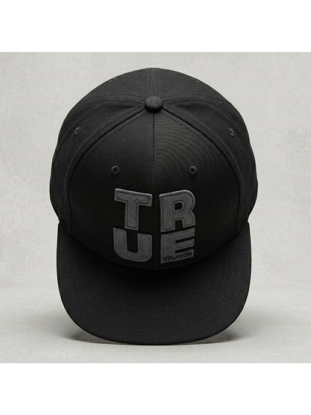 True Religion Mens OS Designer Streetwear Black Spellout Leather Strapback Hat